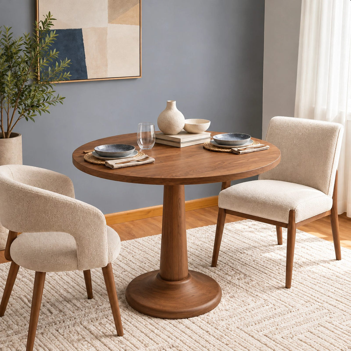 Modern Solid Wood Dining Table With Sculpted Pedestal Base For Dining Room