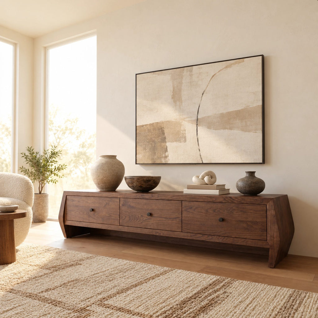 Sculptural Solid Wood TV Stand With Angled Drawer Front For Living Room