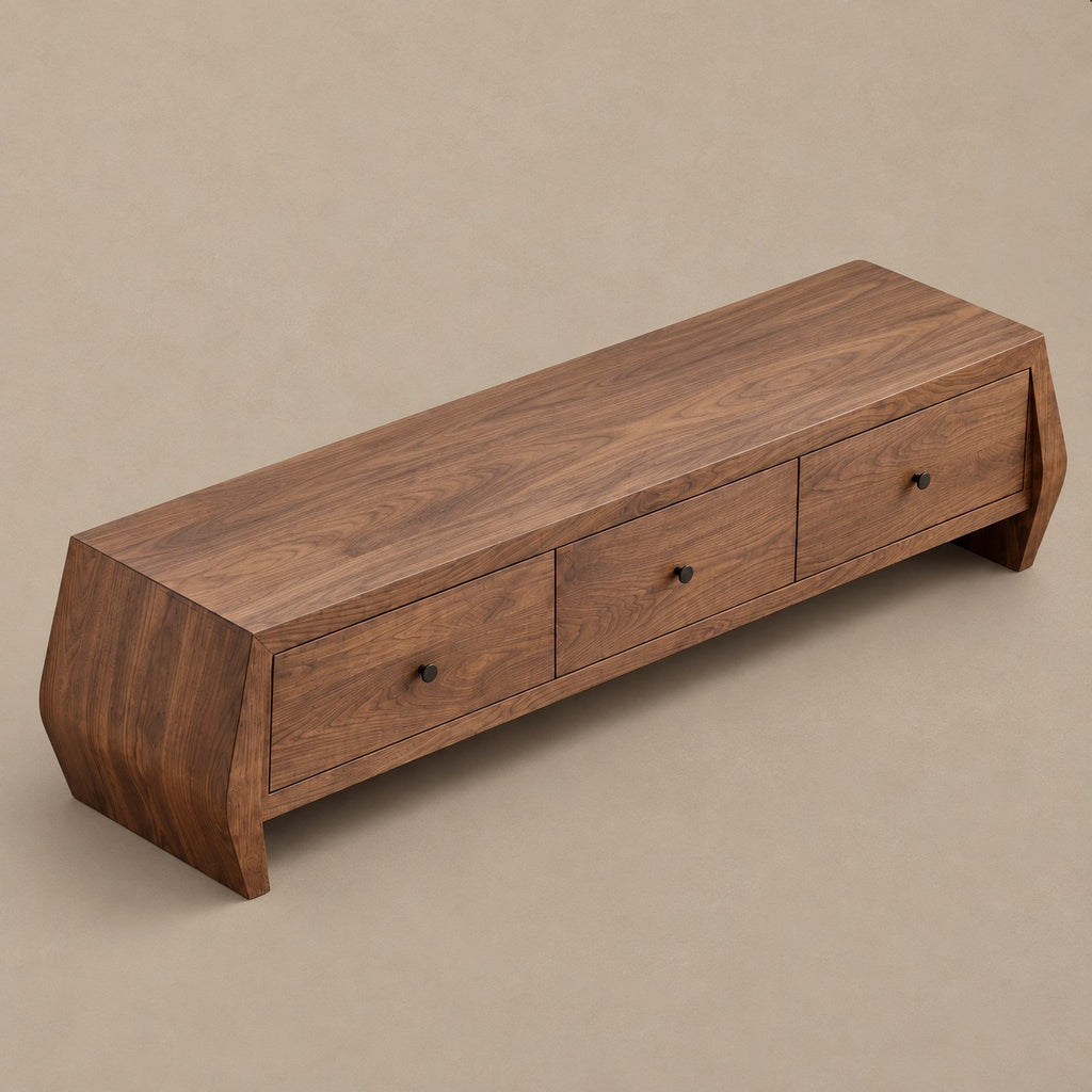 Sculptural Solid Wood TV Stand With Angled Drawer Front For Living Room