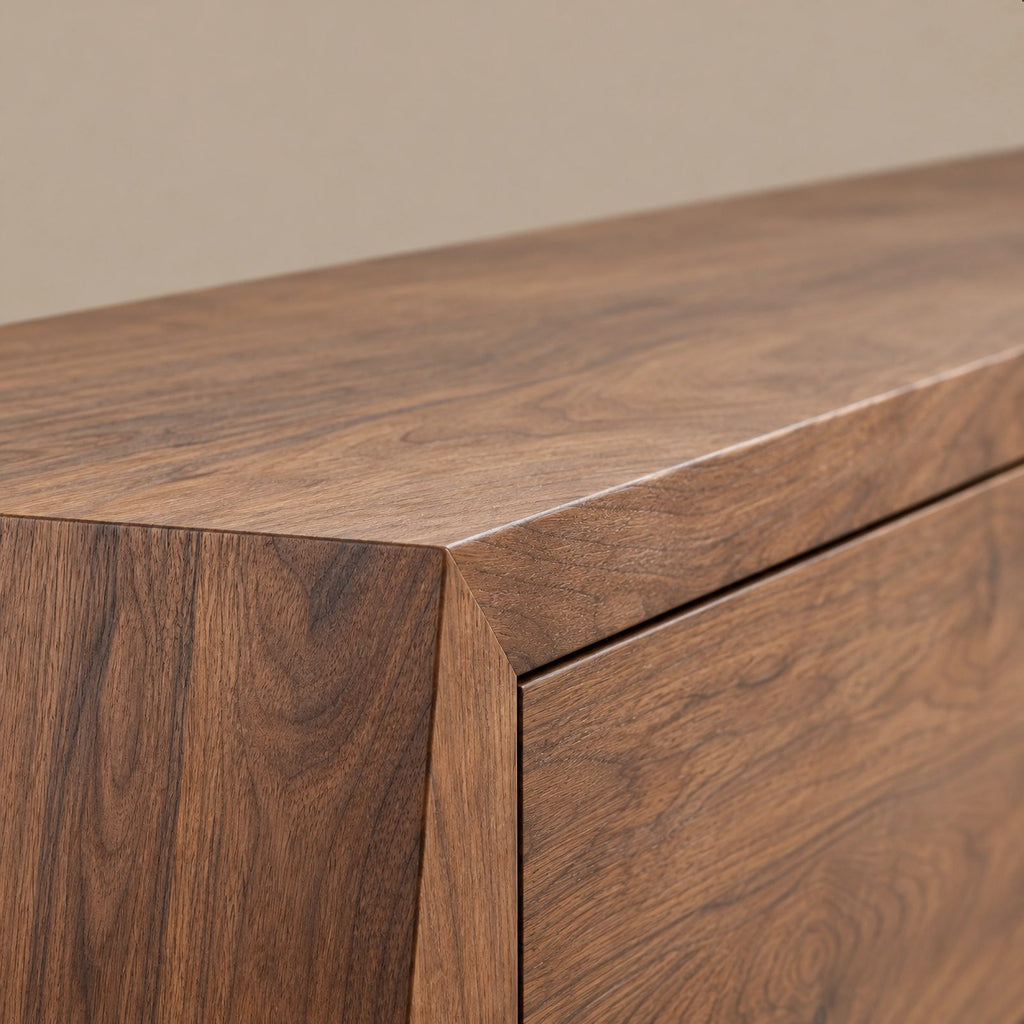 Sculptural Solid Wood TV Stand With Angled Drawer Front For Living Room