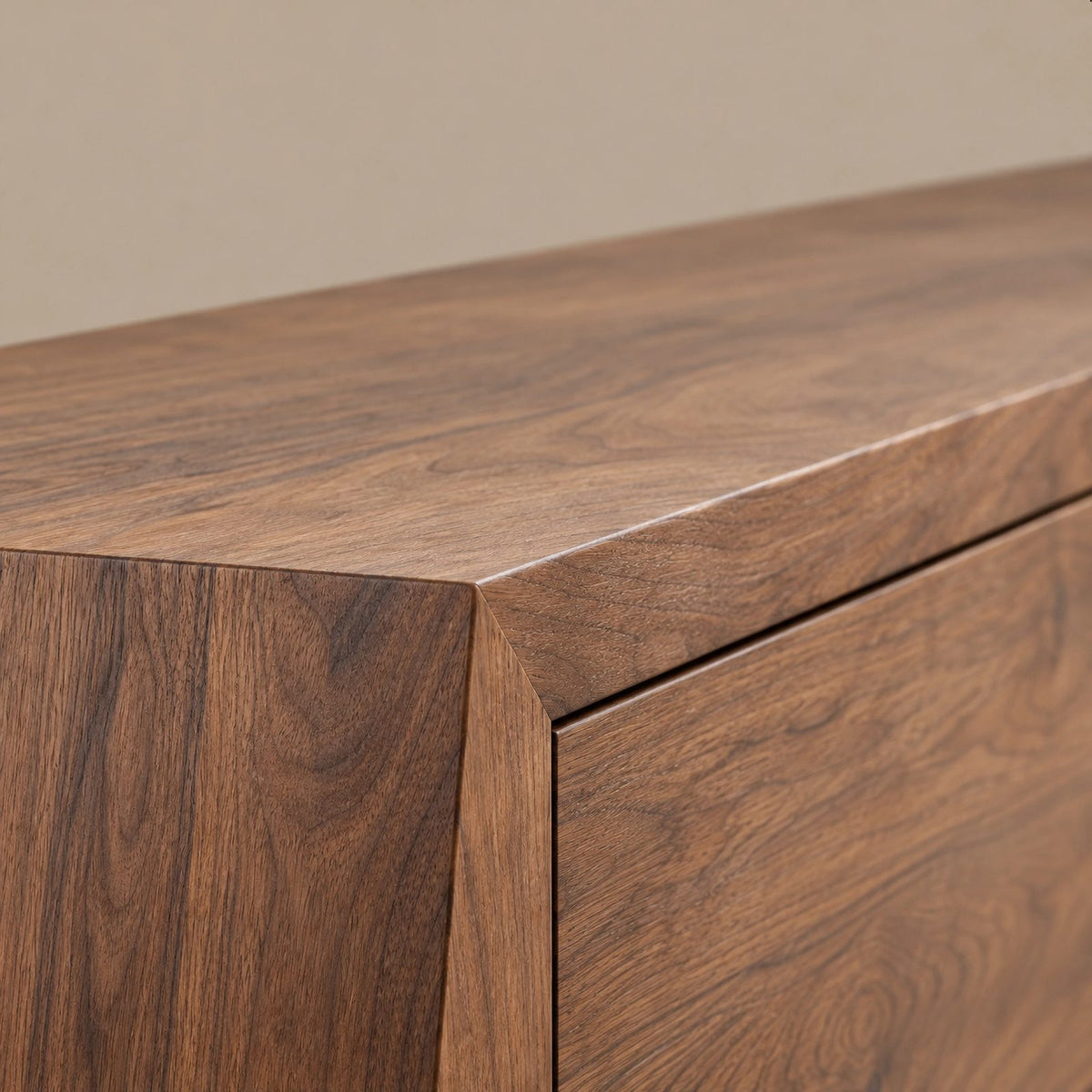 Sculptural Solid Wood TV Stand With Angled Drawer Front For Living Room