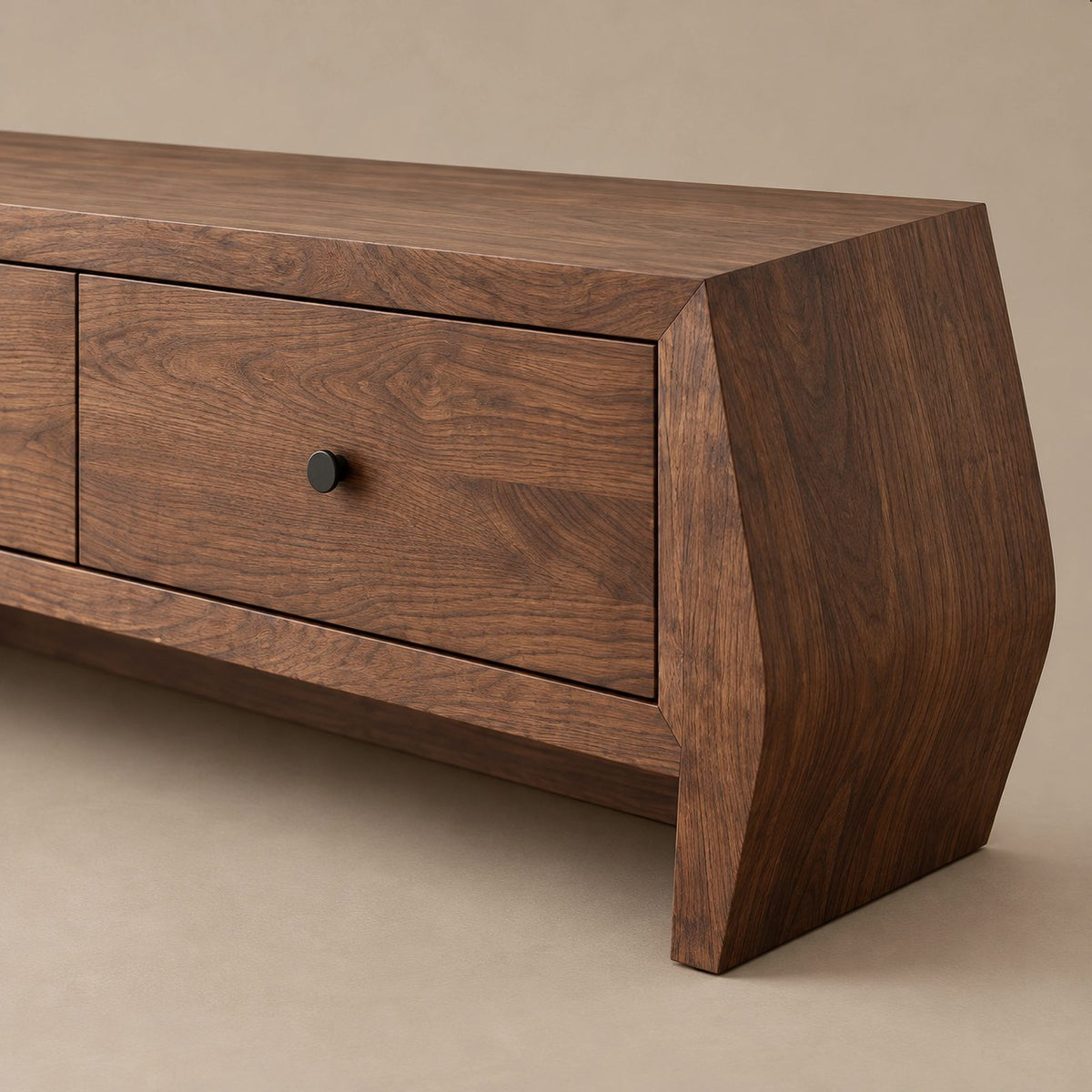 Sculptural Solid Wood TV Stand With Angled Drawer Front For Living Room