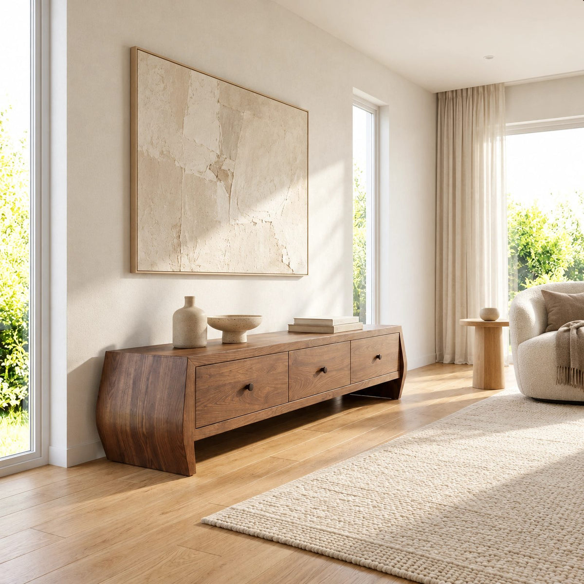 Sculptural Solid Wood TV Stand With Angled Drawer Front For Living Room