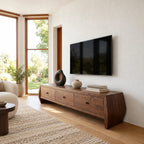 Sculptural Solid Wood TV Stand With Angled Drawer Front For Living Room