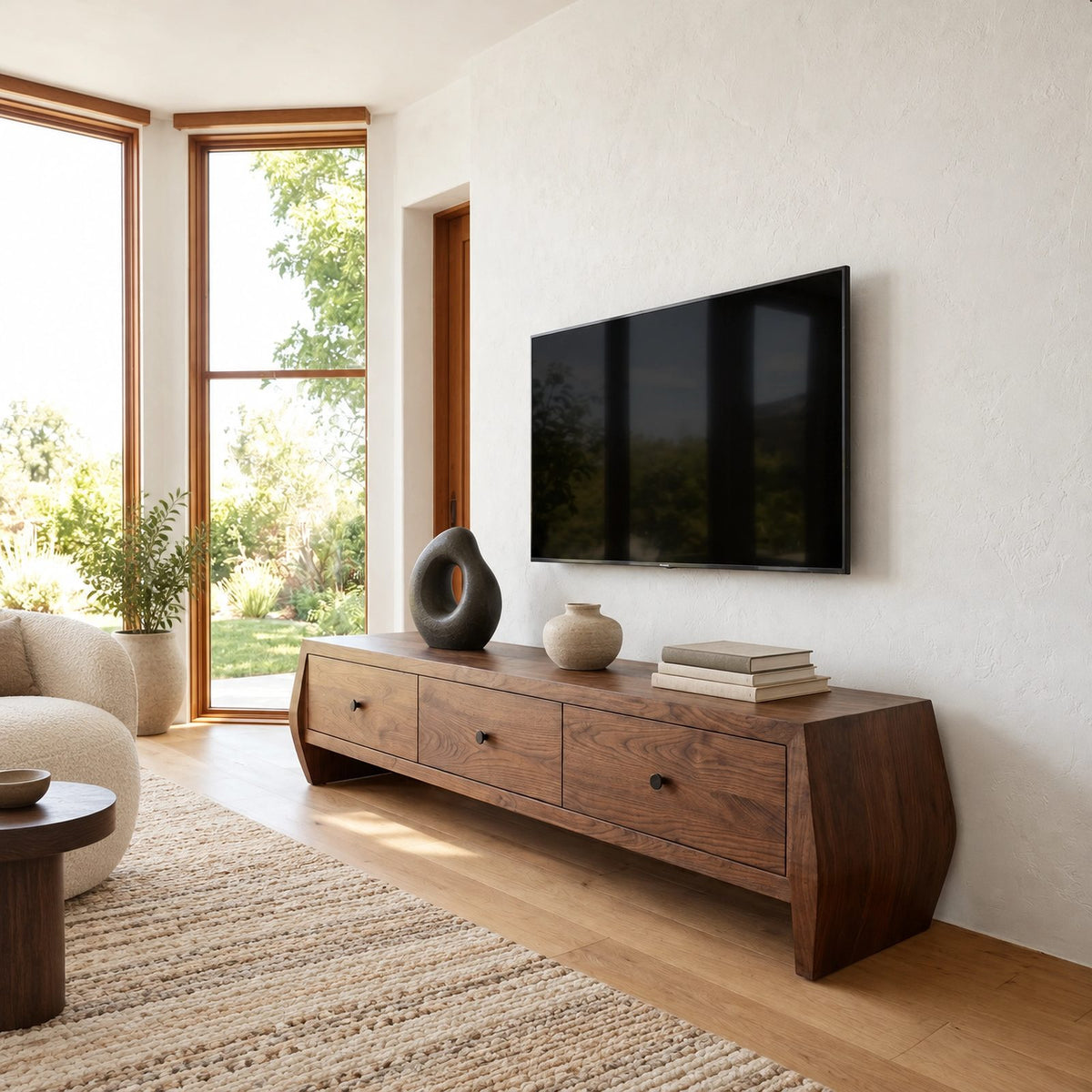 Sculptural Solid Wood TV Stand With Angled Drawer Front For Living Room