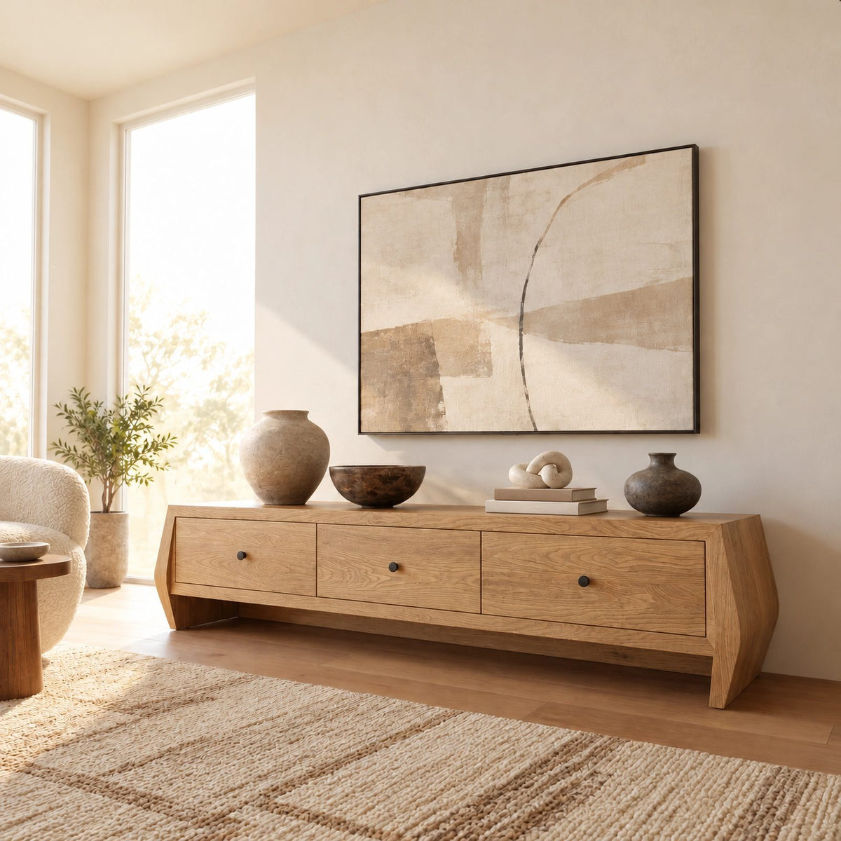 Sculptural Solid Wood TV Stand With Angled Drawer Front For Living Room