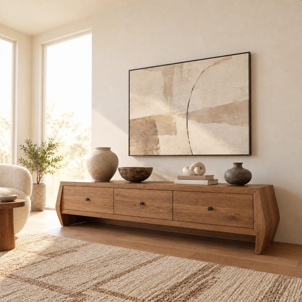 Sculptural Solid Wood TV Stand With Angled Drawer Front For Living Room