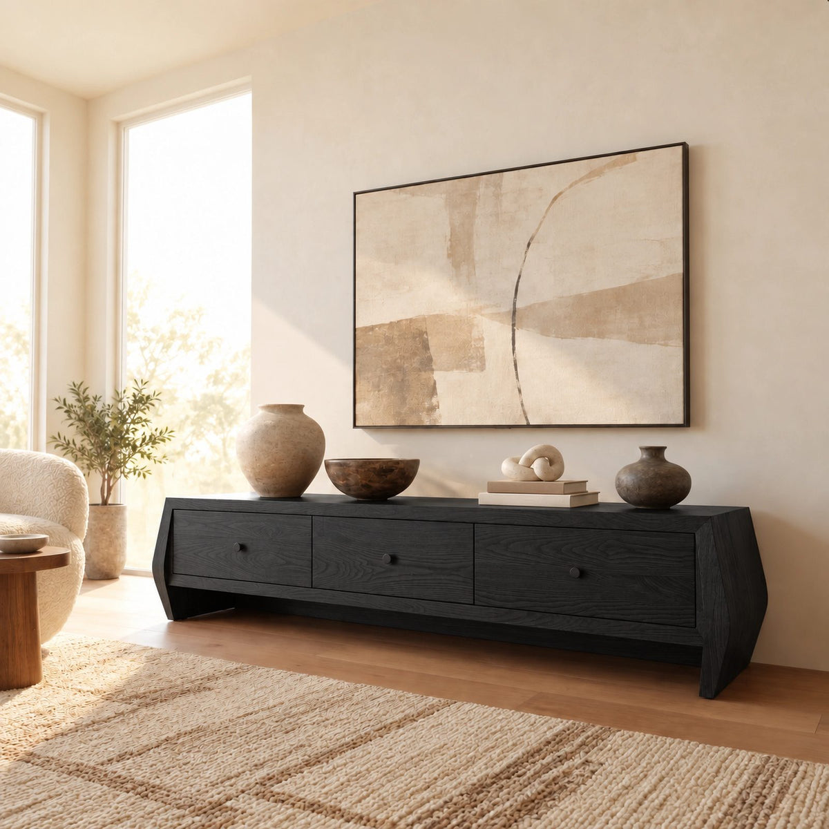 Sculptural Solid Wood TV Stand With Angled Drawer Front For Living Room