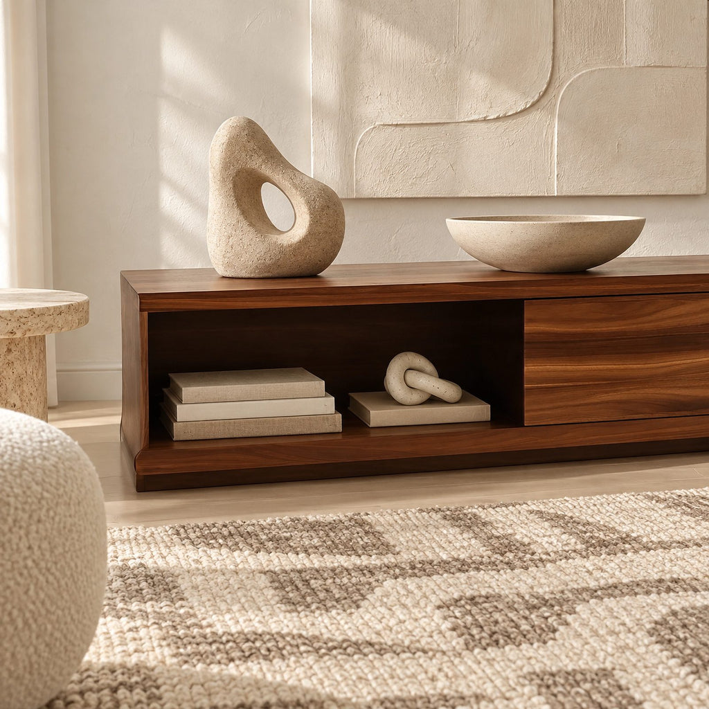 Modern Solid Wood TV Stand With Open Media Shelf For Living Room