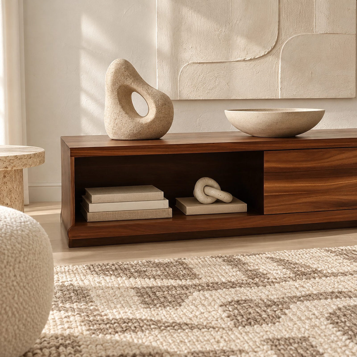 Modern Solid Wood TV Stand With Open Media Shelf For Living Room