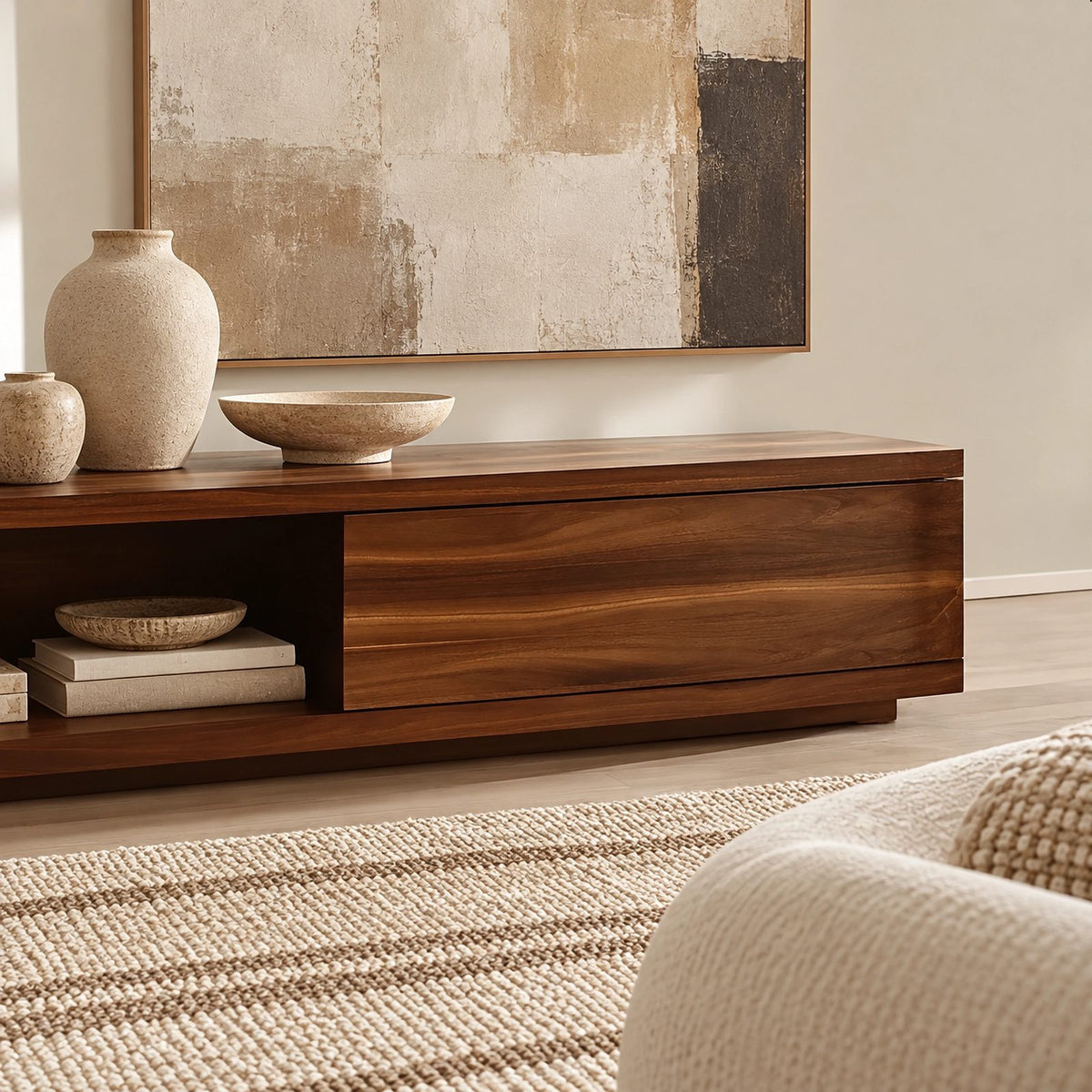 Modern Solid Wood TV Stand With Open Media Shelf For Living Room