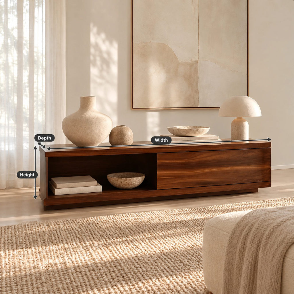Modern Solid Wood TV Stand With Open Media Shelf For Living Room
