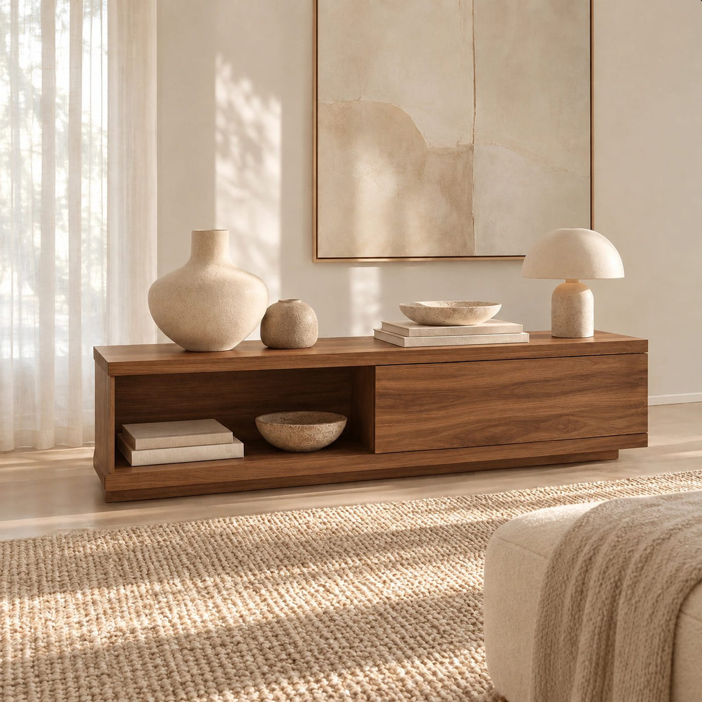 Modern Solid Wood TV Stand With Open Media Shelf For Living Room