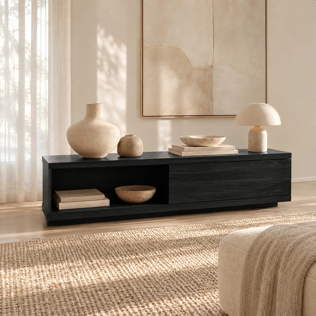 Modern Solid Wood TV Stand With Open Media Shelf For Living Room