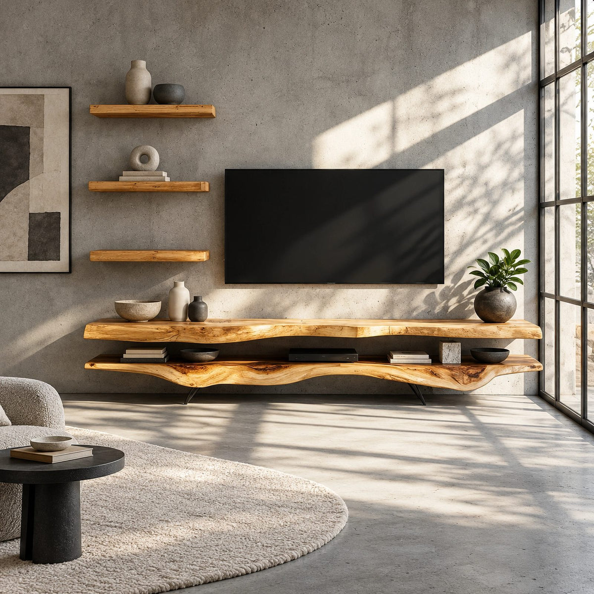 Rustic Live Edge TV Stand With Floating Shelf Design For Living Room