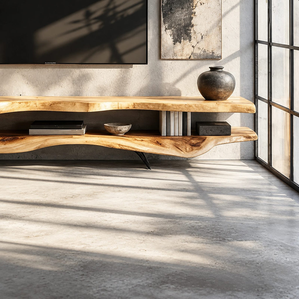 Rustic Live Edge TV Stand With Floating Shelf Design For Living Room