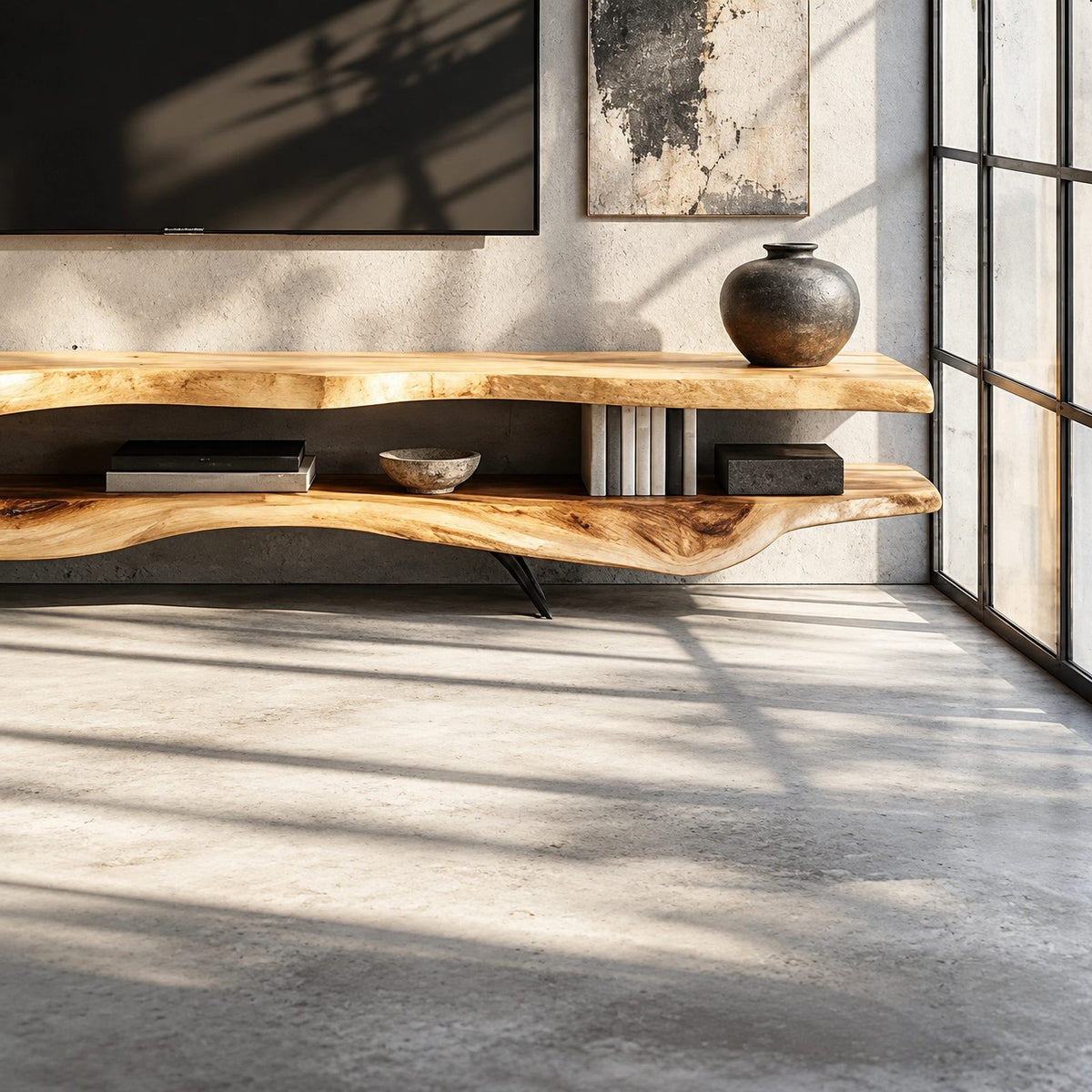 Rustic Live Edge TV Stand With Floating Shelf Design For Living Room