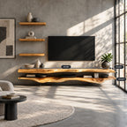 Rustic Live Edge TV Stand With Floating Shelf Design For Living Room