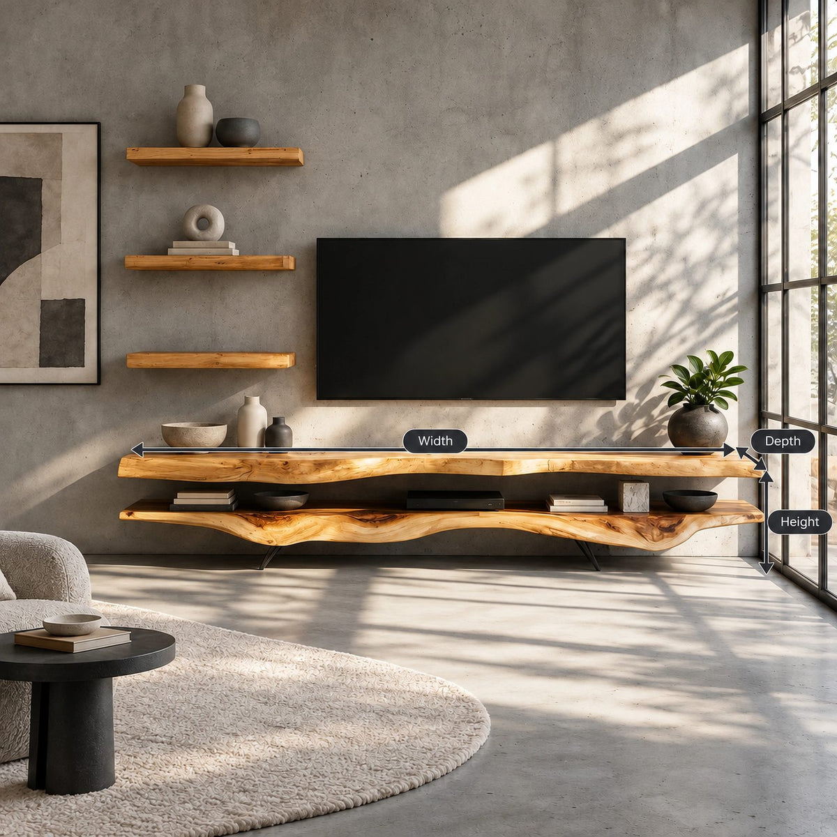 Rustic Live Edge TV Stand With Floating Shelf Design For Living Room