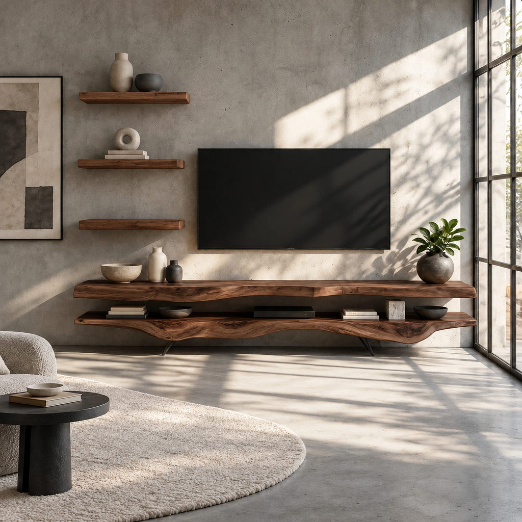 Rustic Live Edge TV Stand With Floating Shelf Design For Living Room