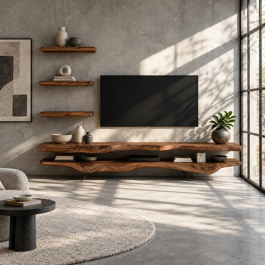 Rustic Live Edge TV Stand With Floating Shelf Design For Living Room