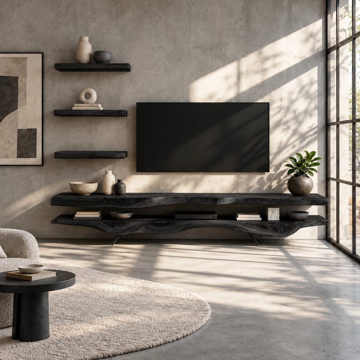 Rustic Live Edge TV Stand With Floating Shelf Design For Living Room