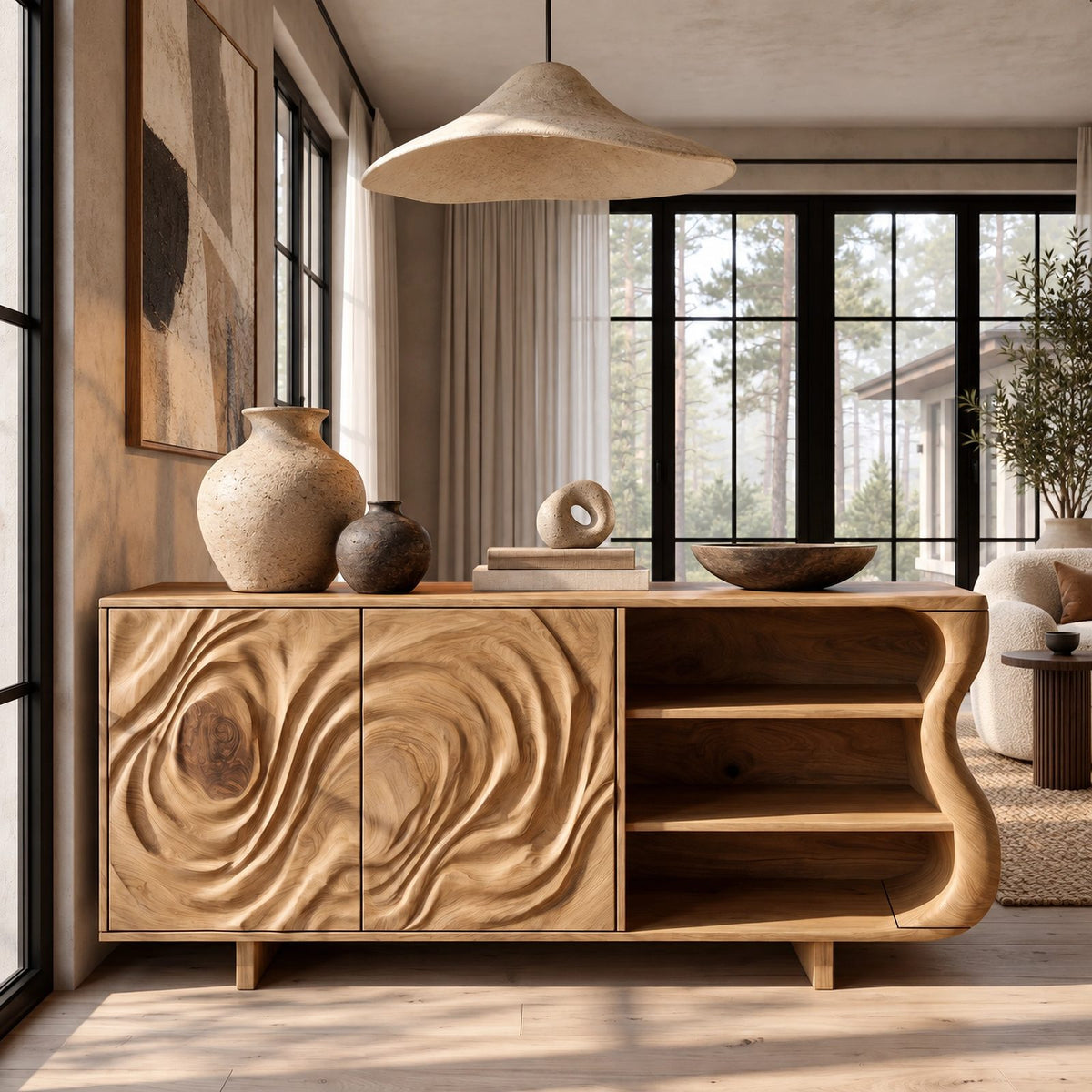 Modern Sideboard With Raised Swirl Grain Doors For Living Room