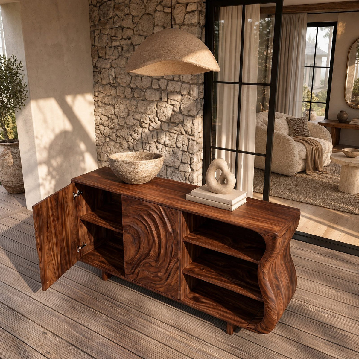 Modern Sideboard With Raised Swirl Grain Doors For Living Room
