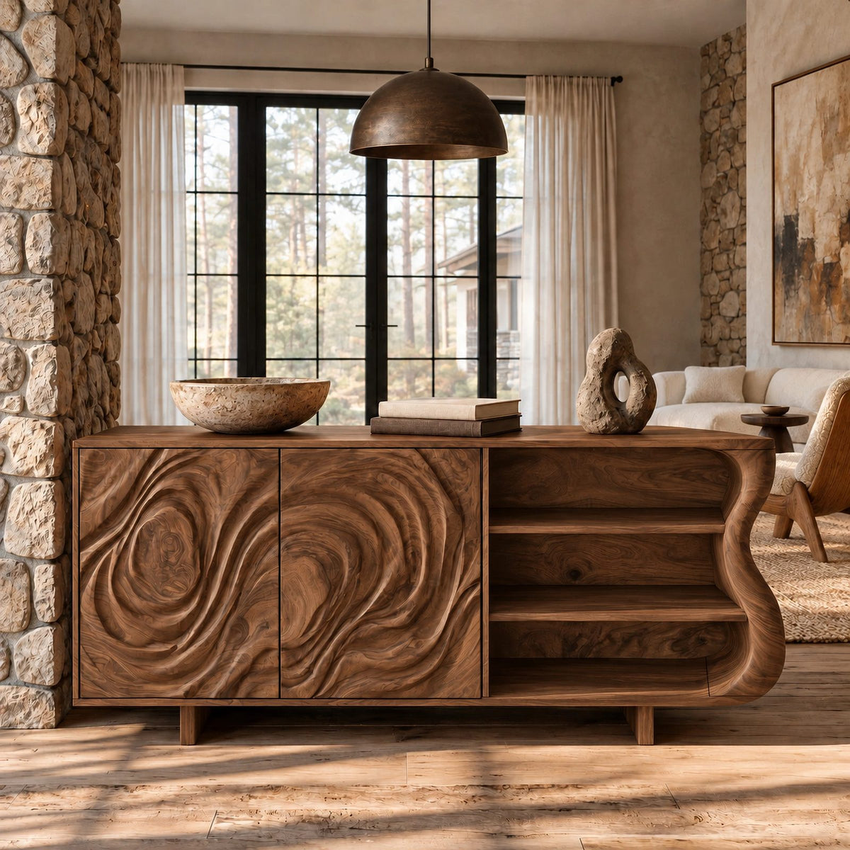Modern Sideboard With Raised Swirl Grain Doors For Living Room