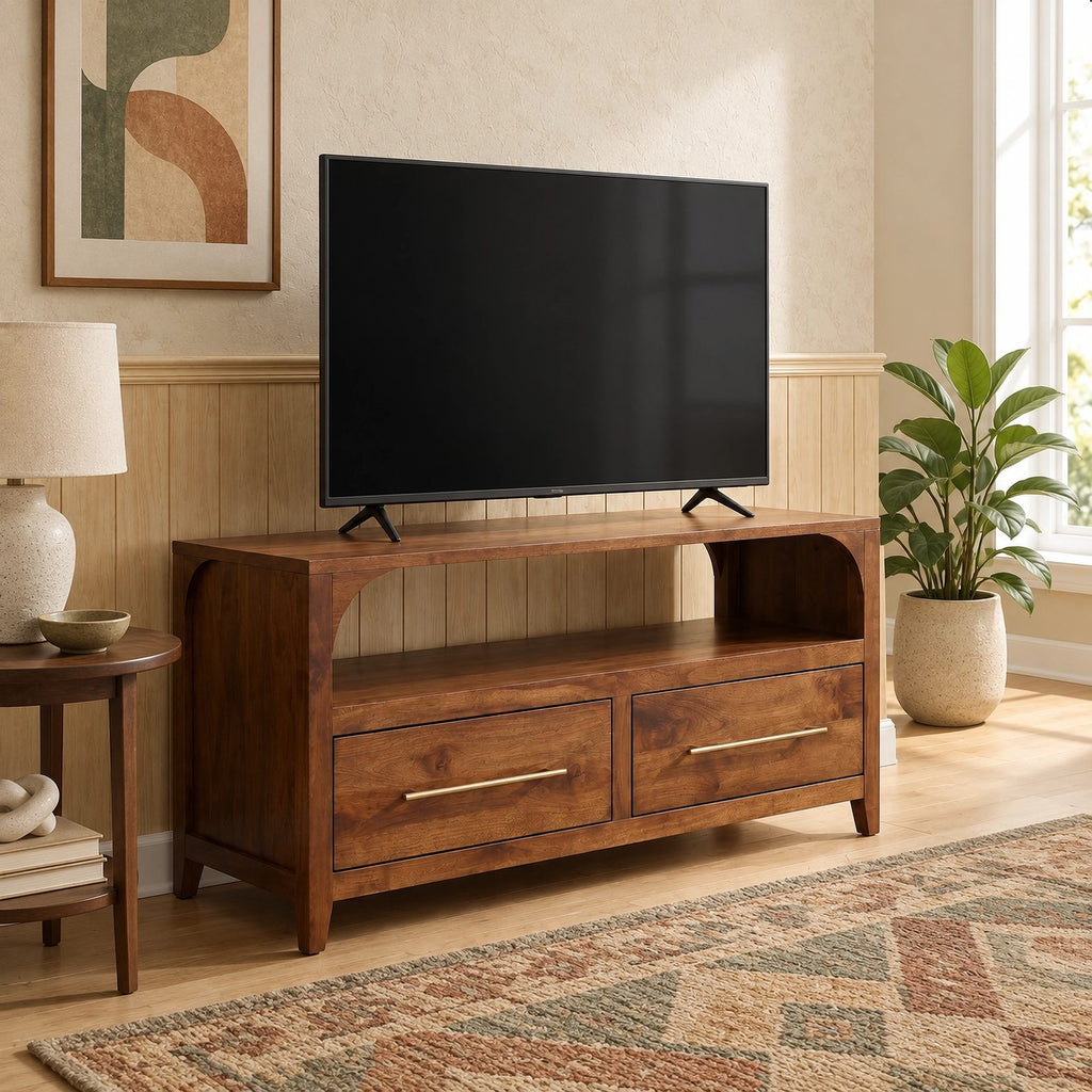 Handcrafted Arched TV Stand With Drawer Storage For Living Room