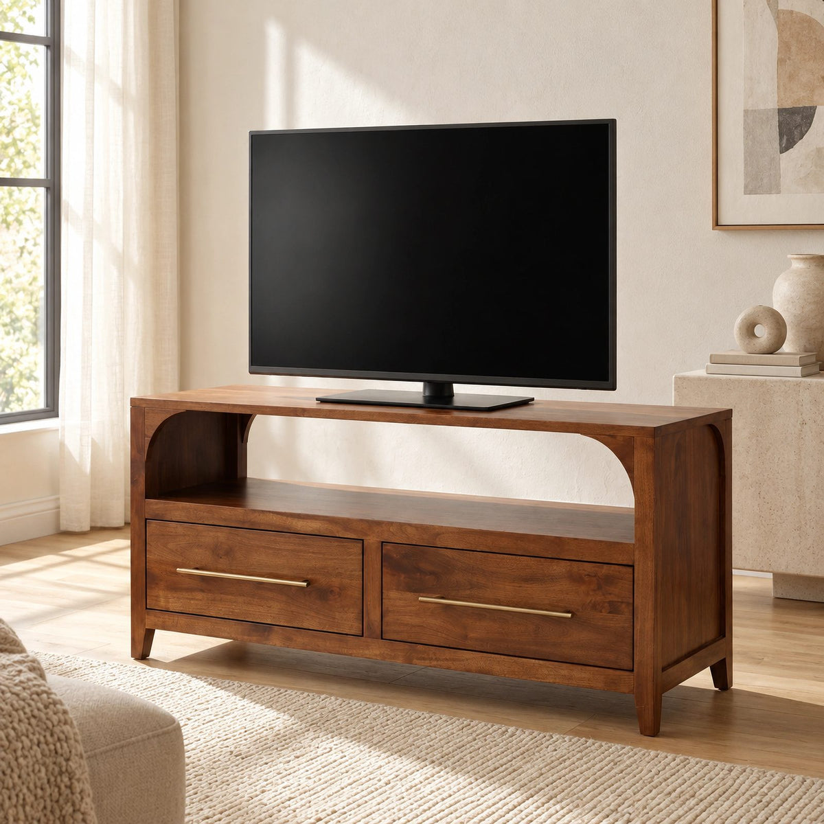 Handcrafted Arched TV Stand With Drawer Storage For Living Room
