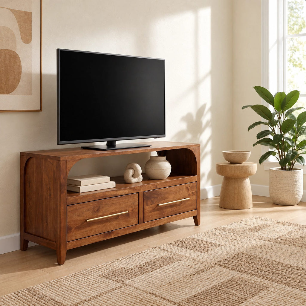 Handcrafted Arched TV Stand With Drawer Storage For Living Room
