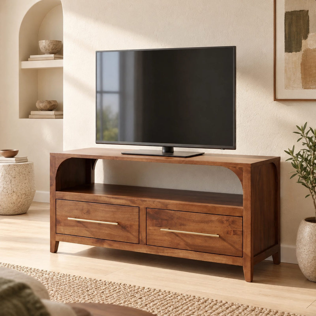 Handcrafted Arched TV Stand With Drawer Storage For Living Room