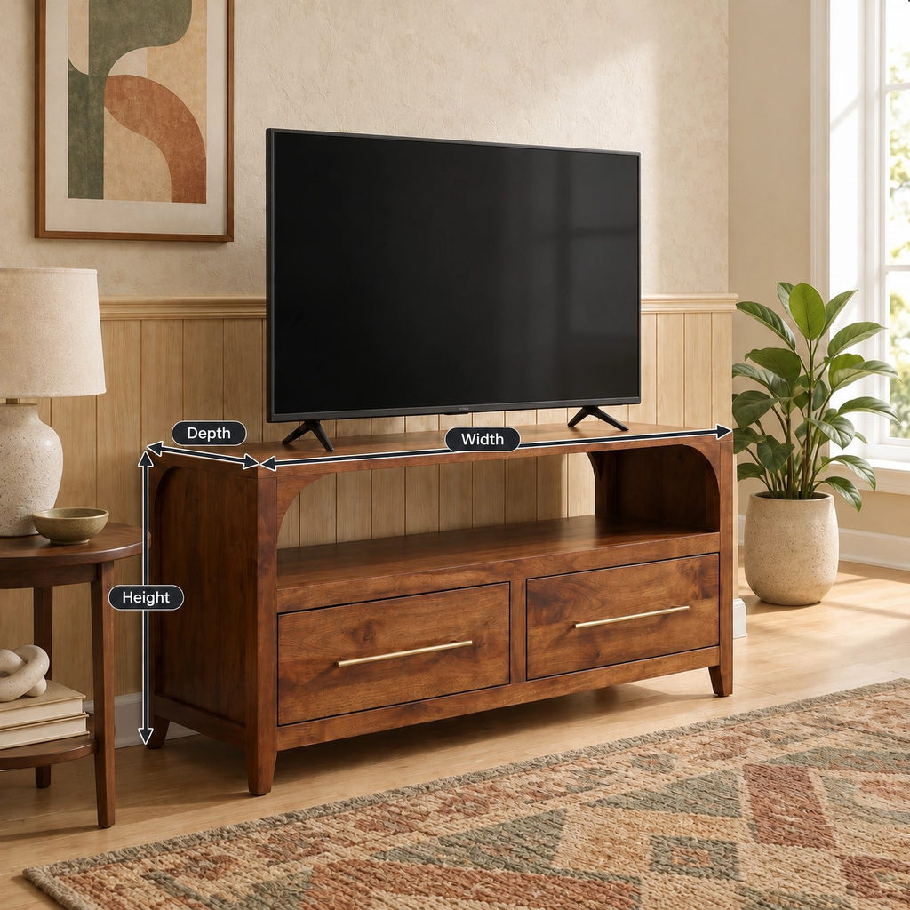 Handcrafted Arched TV Stand With Drawer Storage For Living Room