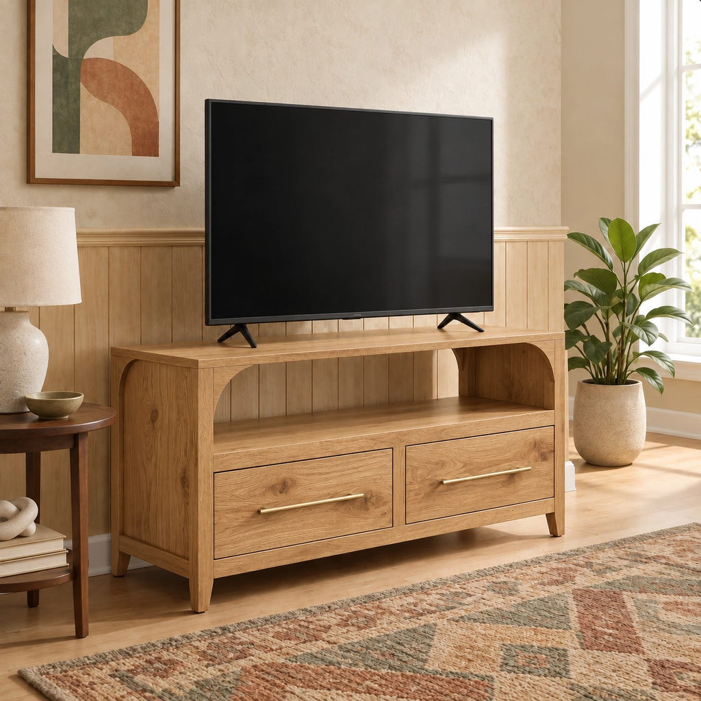 Handcrafted Arched TV Stand With Drawer Storage For Living Room