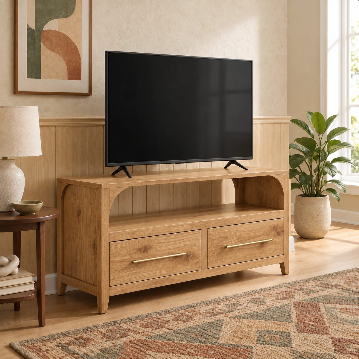Handcrafted Arched TV Stand With Drawer Storage For Living Room