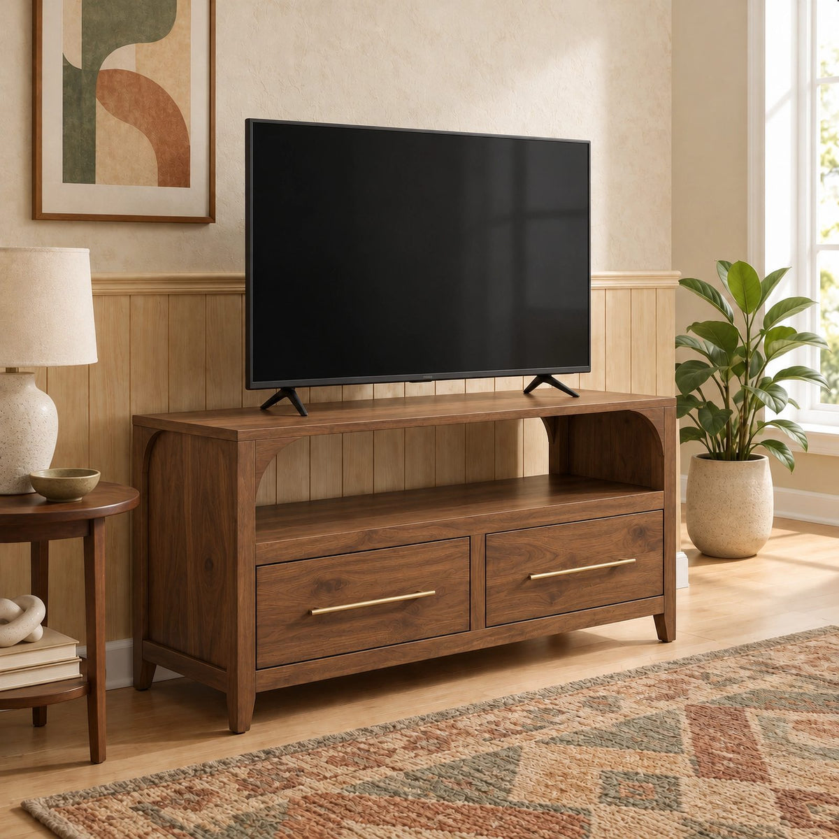 Handcrafted Arched TV Stand With Drawer Storage For Living Room