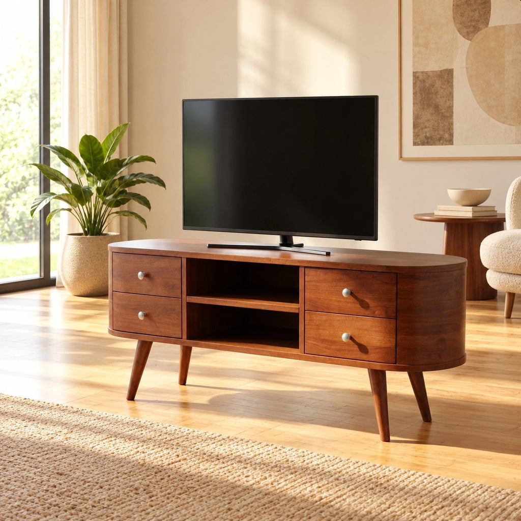 Mid Century Oval TV Stand With Drawer Storage For Living Room