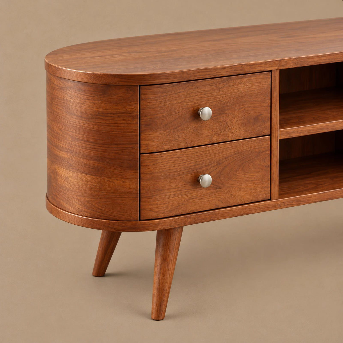 Mid Century Oval TV Stand With Drawer Storage For Living Room
