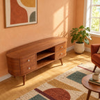 Mid Century Oval TV Stand With Drawer Storage For Living Room