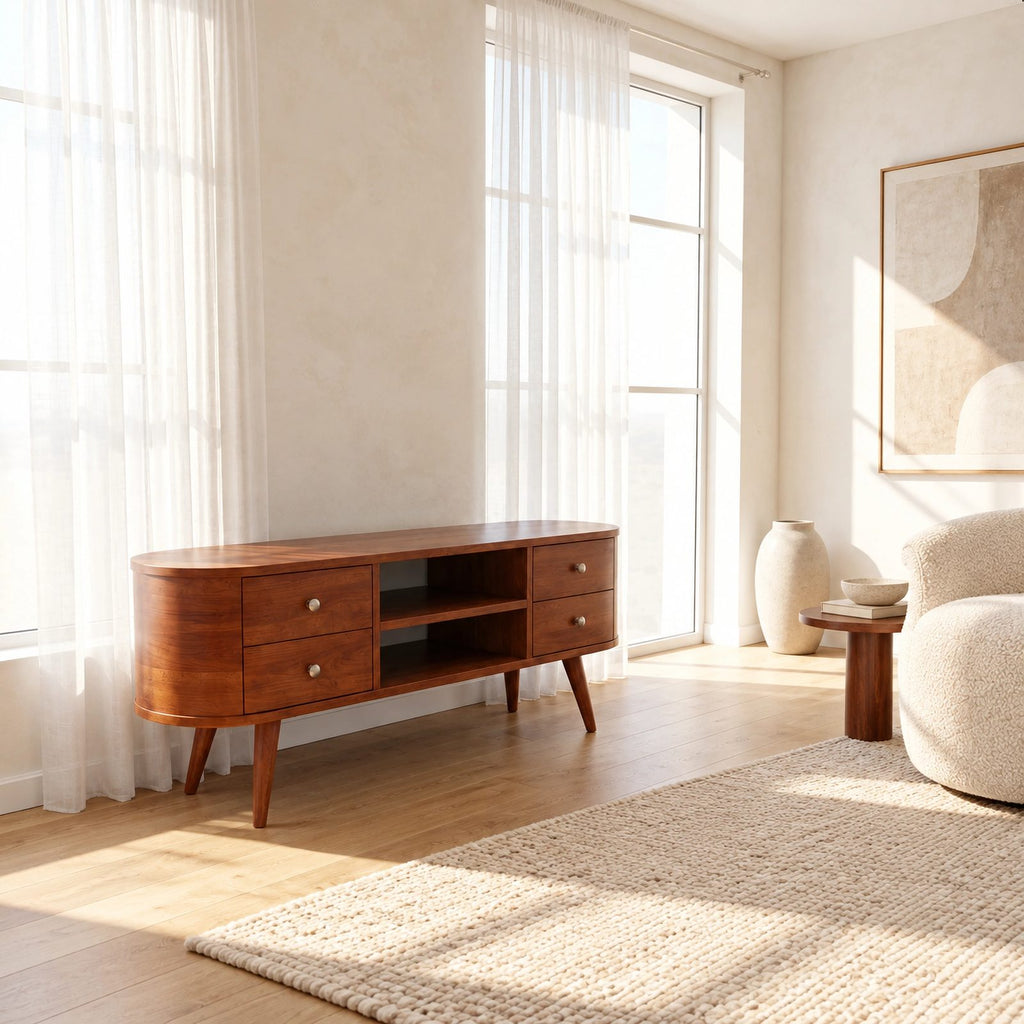 Mid Century Oval TV Stand With Drawer Storage For Living Room