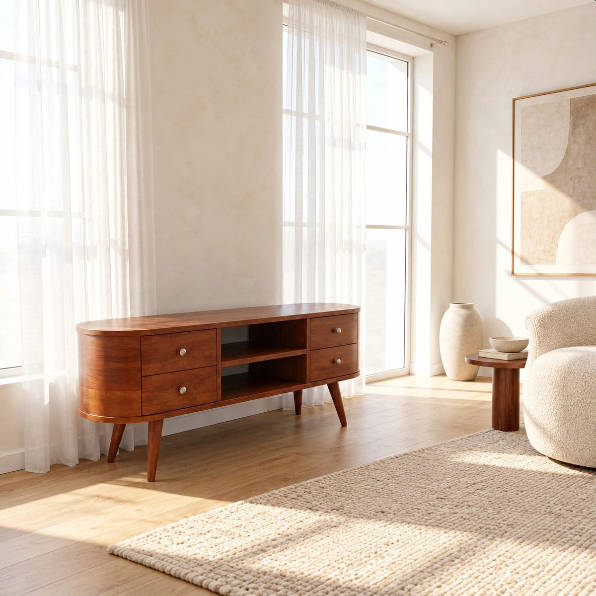 Mid Century Oval TV Stand With Drawer Storage For Living Room