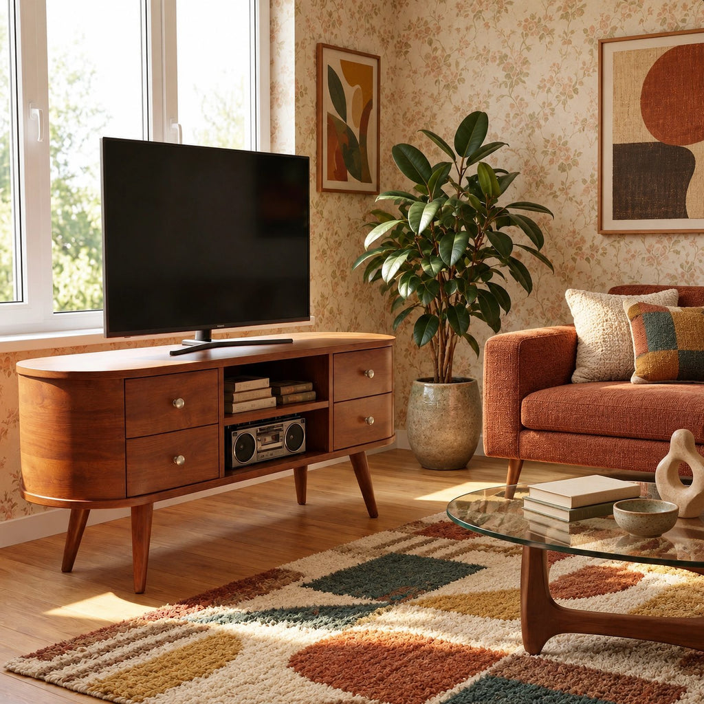 Mid Century Oval TV Stand With Drawer Storage For Living Room