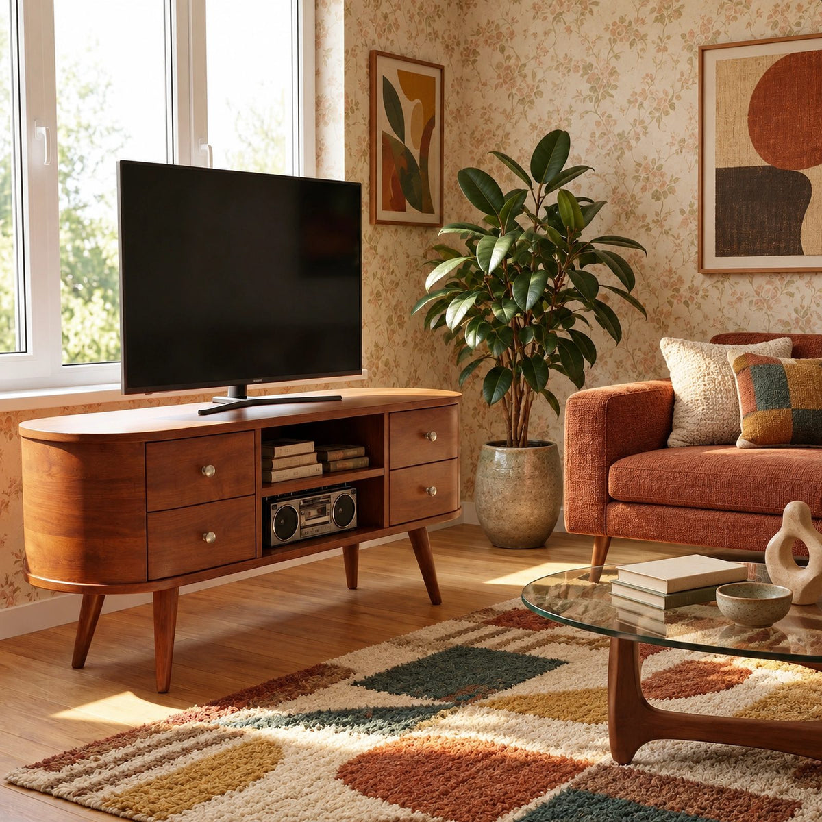 Mid Century Oval TV Stand With Drawer Storage For Living Room