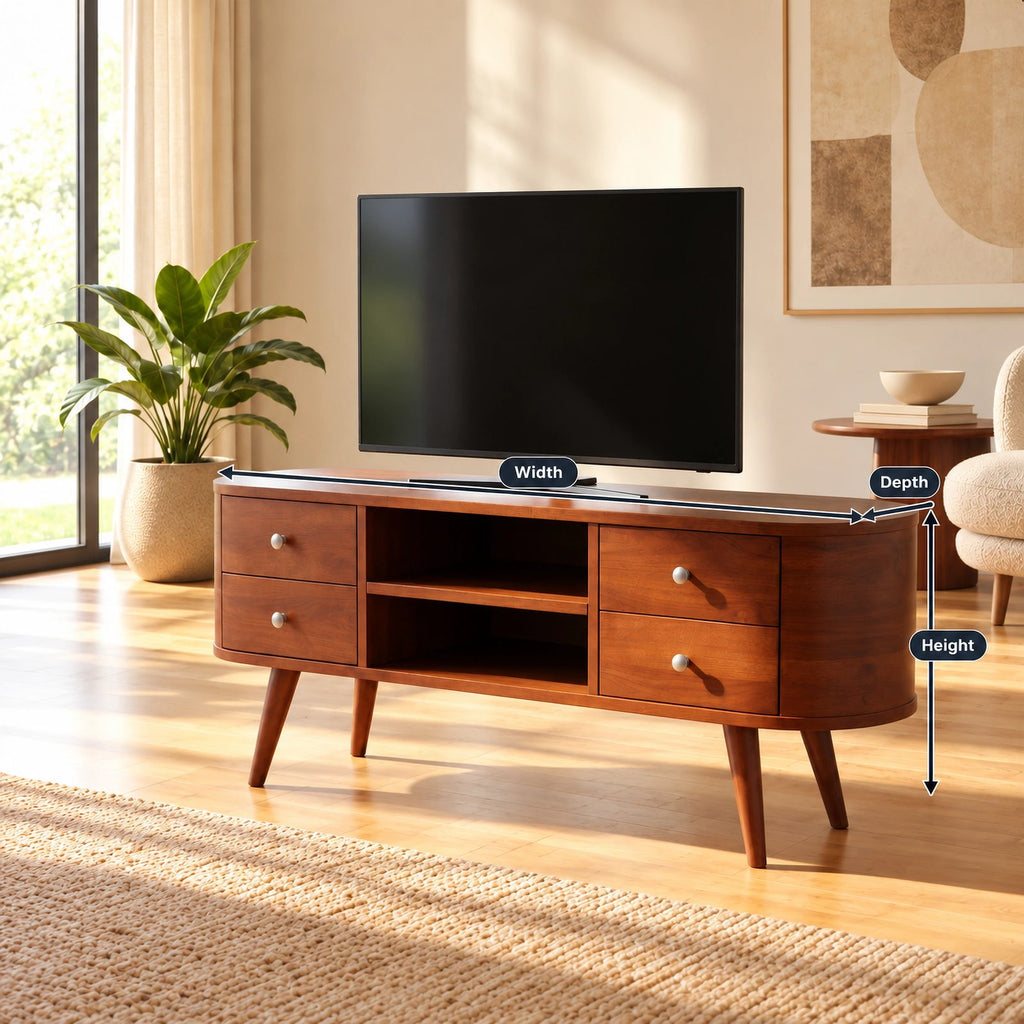 Mid Century Oval TV Stand With Drawer Storage For Living Room