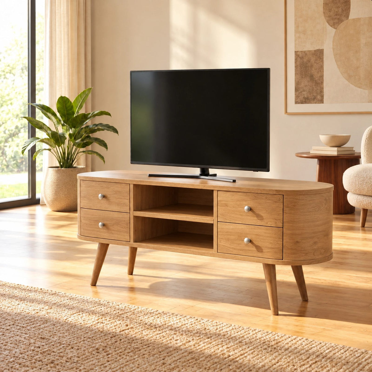 Mid Century Oval TV Stand With Drawer Storage For Living Room