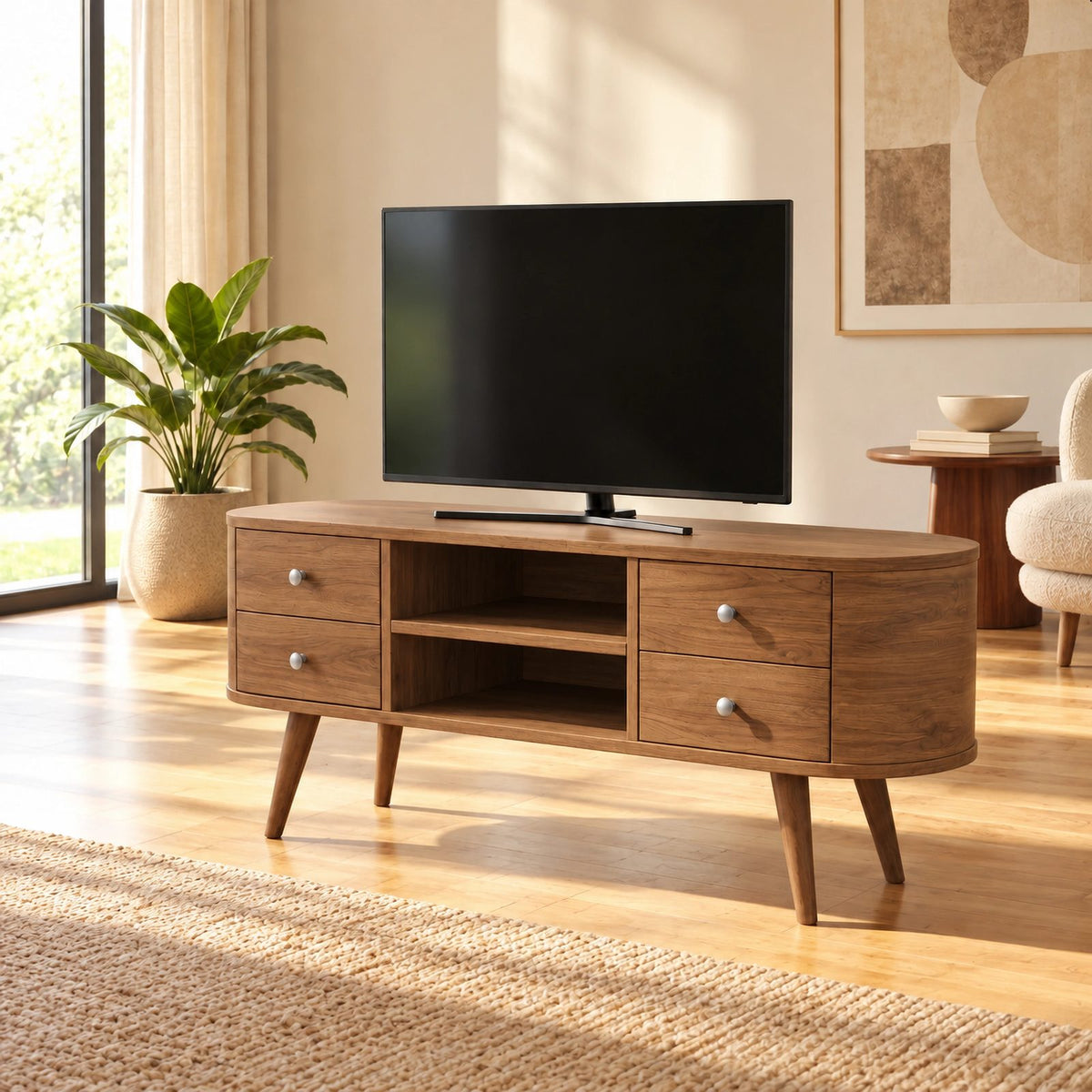 Mid Century Oval TV Stand With Drawer Storage For Living Room
