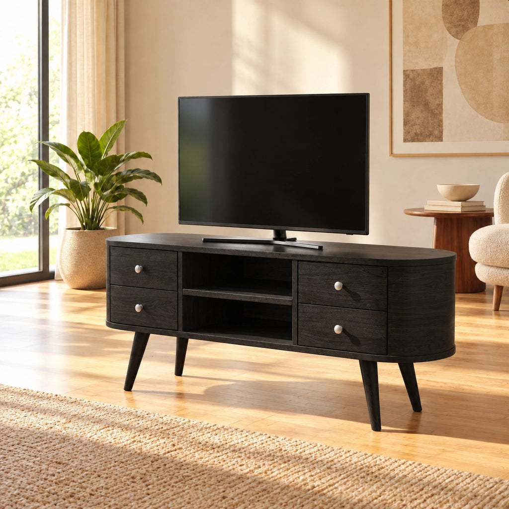Mid Century Oval TV Stand With Drawer Storage For Living Room
