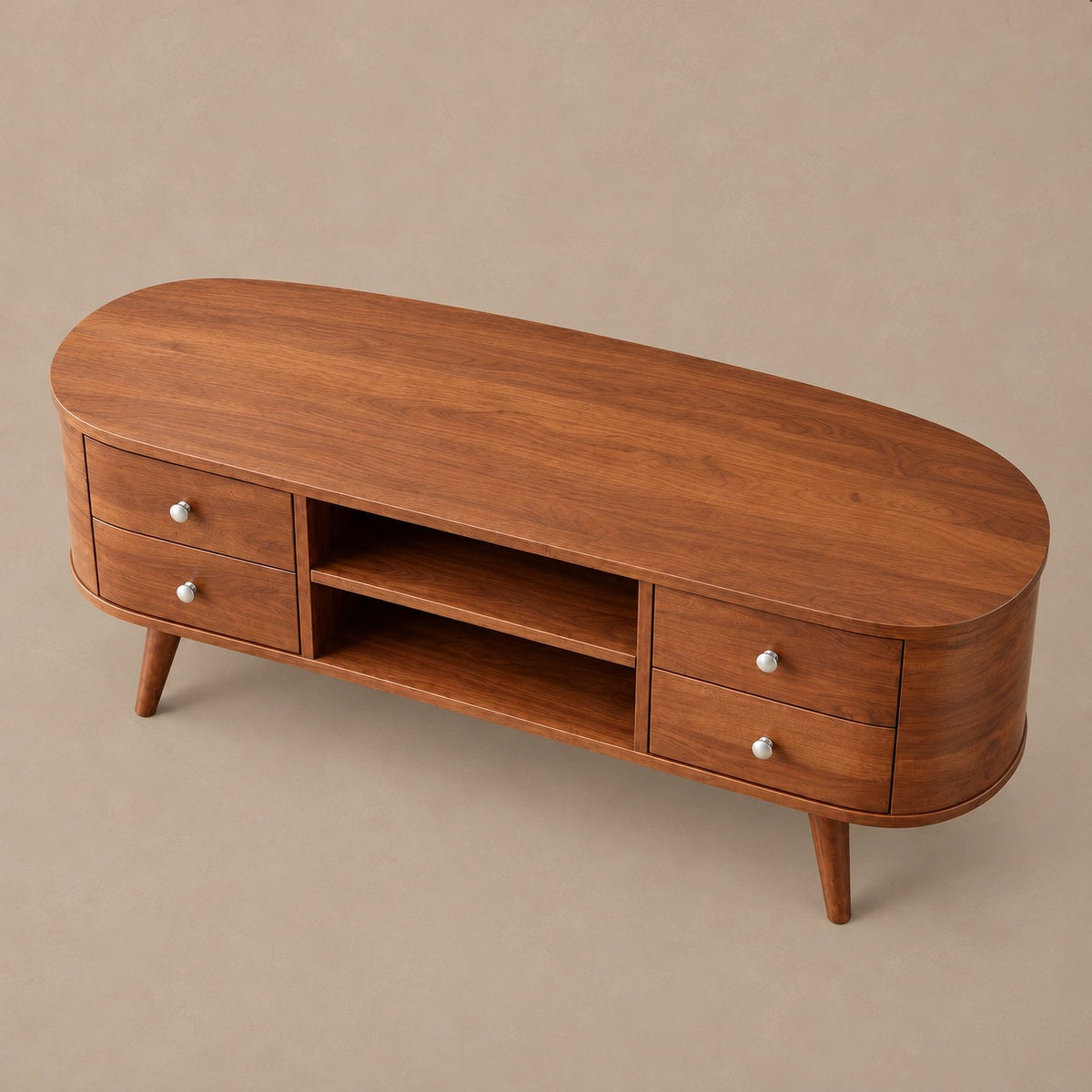 Mid Century Oval TV Stand With Drawer Storage For Living Room
