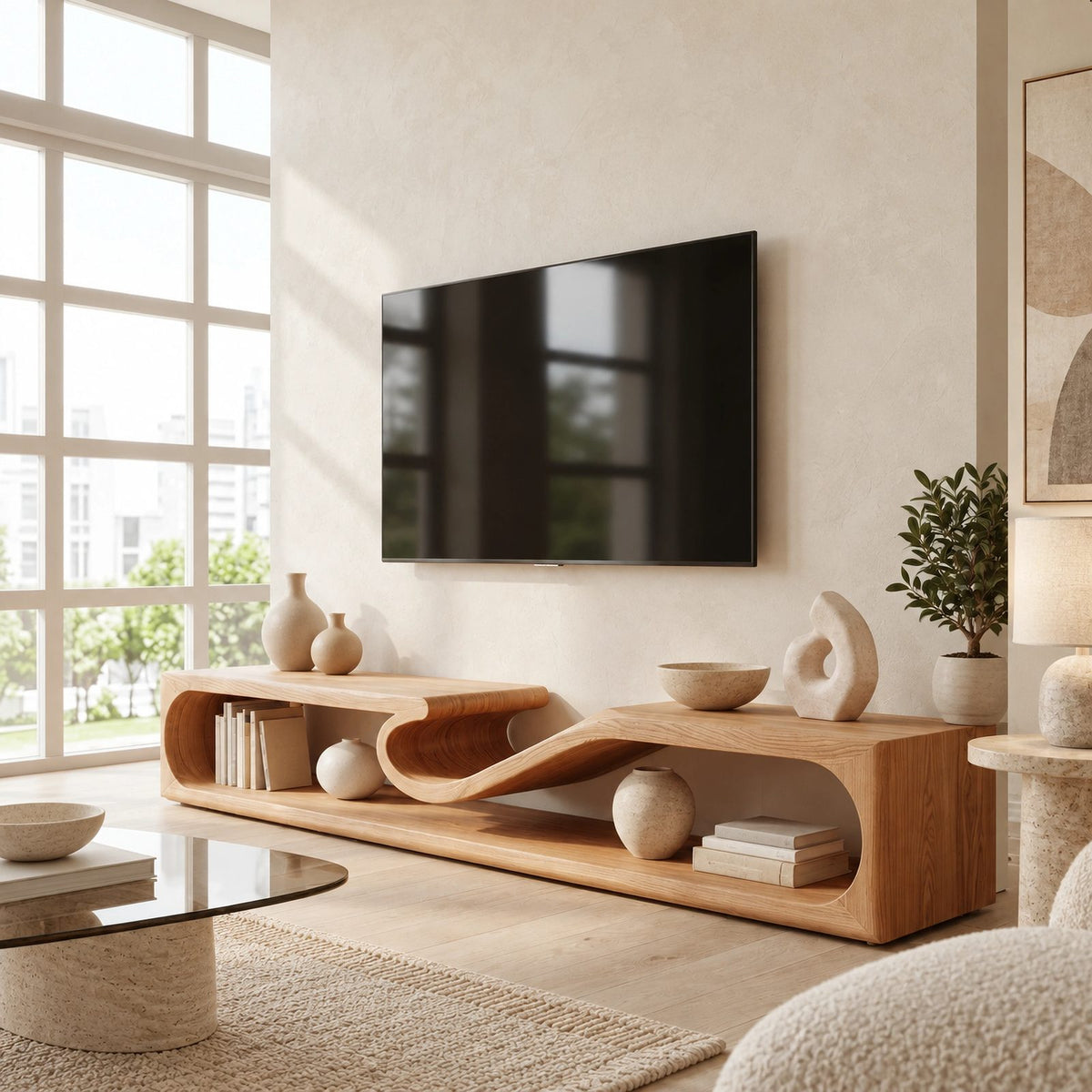 Contemporary Sculptural Wave Solid Wood TV Stand For Living Room